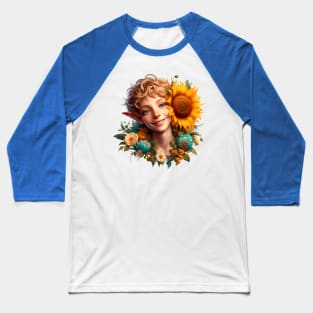 smiling elf with showy flowering sunflower Baseball T-Shirt